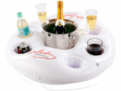 Bar flottant pour piscine Infactory avec boissons et sceau à champagne.