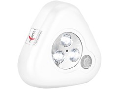 Lampe à 3 LED mobile ''Stick & Go'' avec détecteur de mouvement et patch adhésif de la marque Lunartec, coloris blanc et design triangulaire