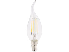 ampoule led à filament forme flamme pour chandeliers avec lumiere blanc chaud, classe a+ 4w luminea