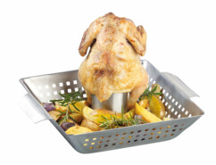 support de cuisson pour poulet roti avec panier de cuisson pour pommes de terres patates et recipient pour vin blanc