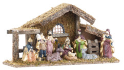 Crèche de Noël en bois avec figurines en porcelaine peintes à la main - Grande