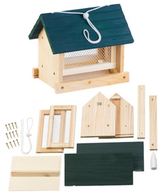 Mangeoire à oiseaux à suspendre avec silo en bois, à assembler – 11 pièces