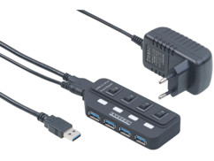 Hub actif USB reconditionné Xystec avec adaptateur secteur 230 V, câble USB et mode d'emploi en français