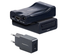 Adaptateur convertisseur Péritel vers HDMI avec adaptateur secteur, câble de chargement USB et mode d'emploi en français