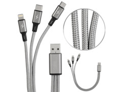 Câble de chargement 3 en 1 : compatible Micro-USB, USB-C, Lightning - 30 cm