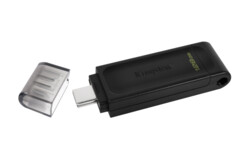 Clé de stockage USB-C 3.2 Gen 1 DataTraveler 70 128 Go de la marque Kingston avec connecteur apparent et capuchon retiré