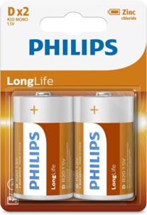 Pack de 2 piles alcalines type D / LR20 Long Life de la marque Philips