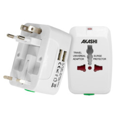 Adaptateur secteur universel Monde vers Monde coloris blanc avec 2 ports USB de la marque Akashi
