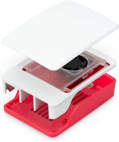 Boîtier de protection en plastique à clipser pour Raspberry Pi 5 avec ventilateur intégré, coloris blanc et rouge