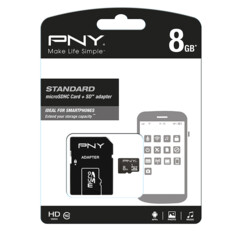 Carte MicroSDHC PNY 8 Go de classe 10 dans son emballage noir et blanc avec indications en anglais