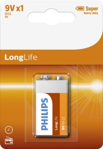 1 pile bloc 9 V / 6F22 Long Life Philips pour alimentation de radios et d'horloges dans son emballage cartonné et plastifié blanc et marron