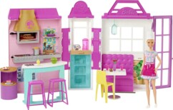 Barbie Mobilier coffret Restaurant avec une poupée incluse, plus de 30 accessoires et 6 zones de jeux dont cuisine et four à pizza, jouet pour enfant, HBB91