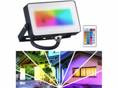 Projecteur intérieur et extérieur LED couleur et blanc télécommandé avec exemple de projection sur maison 