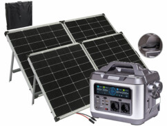 Pack générateur solaire HSG-1120 avec 2 modules solaires avec housse de protection, chargeur secteur 230 V, câble de chargement allume-cigare, câble adaptateur pour panneau solaire (connecteur compatible MC4 vers Anderson) et modes d'emploi en français