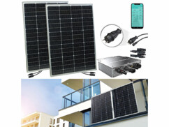 Pack micro-inverseur SMI-350 avec câble M16 vers extrémités de câble ouvertes, antenne wifi, 2 panneaux solaires, 2 adaptateurs pour branchement en parallèle de panneaux solaires, câble vers prise de courant et matériel de montage de la marque Revolt