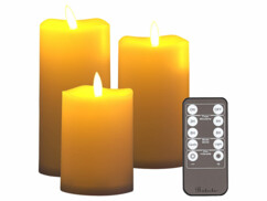 3 bougies LED blanc chaud télécommandées avec luminosité variable et minuterie vue d'ensemble allumées