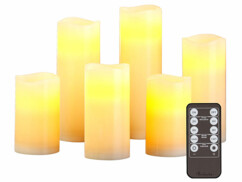 Pack de 6 bougies à LED en 4 tailles différentes avec structure en cire véritable et télécommande.