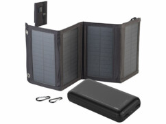 Pack avec batterie externe PB-195, câble de chargement Micro-USB, panneau solaire pliable avec 2 mousquetons et modes d’emploi en français
