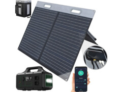 Pack générateur solaire HSG-980 avec adaptateur secteur 230 V, adaptateur allume-cigare, panneau solaire avec régulateur de charge, câble d'alimentation XT60 vers Anderson, câble d'alimentation XT60 vers fiche creuse et modes d'emploi en français