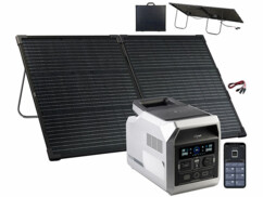 Pack avec générateur solaire HSG-1280, câble d'alimentation, câble adaptateur de chargement allume-cigare, panneau solaire pliable, adaptateur compatible MC4 vers Anderson et modes d’emploi en français