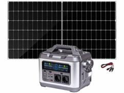 Pack avec générateur solaire HSG-1120, panneau solaire avec câble de raccordement (120 cm, compatible MC4), câble adaptateur pour panneau solaire (compatible MC4 vers Anderson), adaptateur secteur 230 V et câble de chargement allume-cigare 