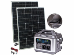 Pack avec générateur solaire HSG-1120, 2 panneaux solaires avec câble de raccordement, câble adaptateur en Y, adaptateur secteur 230 V, câble de chargement allume-cigare et modes d'emploi en français