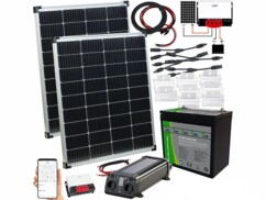 Kit solaire nomade complet Revolt avec 2 panneaux solaires 110 W, convertisseur 12 vers 230 V, batterie LiFePO4, régulateur de charge MPPT-90.app, supports de montage métallique et câbles de raccordement