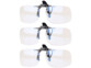 Trois paires de sur-lunettes clip-on rectangulaires sans monture, verres transparents, clip central noir et charnières métalliques