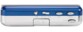 Vue sur le côté du baladeur cassette Auvisio avec partie supérieure bleu métallisé et partie basse gris métallique, avec 5 boutons divers et 1 commutateur visibles
