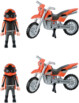 2 motocross oranges de la marque Playmobil avec 2 figurines homme Playmobil avec casque, gilet de sécurité et lunettes noires