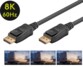 Câble DisplayPort mâle vers DisplayPort mâle avec logo 8K 60Hz et 3 images indiquant sa compatibilité avec les taux de rafraîchissement 60Hz, 120Hz et 240Hz 