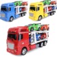 3 camions en plastique de 3 couleurs différentes (rouge, bleu et jaune) avec sur leur remarque 4 voitures miniatures à friction de 4 couleurs différentes (rouge, orange, vert et bleu)