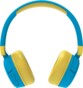 Micro-casque bluetooth sans fil rechargeable par USB coloris jaune et bleu avec oreillettes pliables et arceau rembourrés et boutons de commande sur l'oreillette droite
