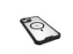 Étui de protection en polycarbonate durci noir et transparent compatible chargement sans fil sur un iPhone 15 Plus posé à plat sur l'écran avec vue sur le port USB-C libre de l'appareil