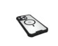 Étui de protection en polycarbonate durci noir et transparent compatible chargement sans fil sur un iPhone 15 Pro Max posé à plat sur l'écran avec vue sur le port USB-C libre de l'appareil