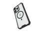 Vue de biais de la coque Air 2.0 Raptic installée sur un iPhone 15 Pro Max avec protection des boutons latéraux et cercle aimanté au centre de la coque pour chargement sans fil compatible MagSafe et chargeur sans fil
