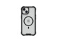 iPhone 15 coloris blanc équipé de la coque de protection Air 2.0 coloris noir et transparent de la marque Raptic