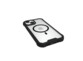 Étui de protection en polycarbonate durci noir et transparent compatible chargement sans fil sur un iPhone 15 posé à plat sur l'écran avec vue sur le port USB-C libre de l'appareil