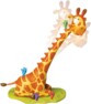 Mise en situation de la girafe allongée avec oiseaux colorés posés sur elle, secouant la tête de bas en haut