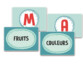 Cartes lettres M et A et catégories Fruits et Couleurs du jeu du Petit Bac