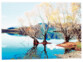Paysage idylique d'un lac avec petit ilôt dans des couleurs pastels brillantes