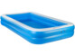 Piscine gonflable vue de l'arrière avec bords supérieurs blanc aux coins arrondis avec fond et bords bleus, valves de vidange au sol et valves de gonflage et dégonflage