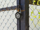 Entrée d'une clôture métallique fermée par le cadenas en zinc à 10 chiffres