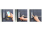 3 photos placées les unes à côté des autres indiquant 3 moyens différents de déverrouiller le mécanisme de porte connecté : par application, par empreinte digitale ou par code PIN