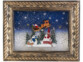 Cadre rectangulaire avec bord couleur bronze vintage, traineau du Père Noël avec rennes, maisonnettes, sapins, éclairage LED blanc chaud et tourbillon de neige