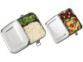 Vue du dessus de 2 lunchboxes en 2 formats différents avec chacune un repas à l'intérieur dont les ingrédients sont séparés par des parois de séparation