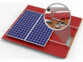 Schéma 3D d'un panneau solaire à double cellule fixé sur un rail sur un toit de tuile en tôle avec zoom sur la méthode de fixation du support de montage sur une des poutres de la charpente du toit