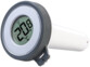 Thermomètre numérique allongé avec affichage de la température actuelle avec tube blanc immergé et bague rotative grise sur le bord rond supérieure pour changement de piles avec attache pour corde