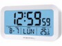 Réveil numérique blanc Pearl affichant 12:59:59 avec alarme activée, la date 8-7, lundi et 25,6 °C