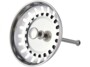 Panier-filtre circulaire en acier inoxydable chromé pour évier, percé de fentes et muni d'un bouton central et d'une tige filetée